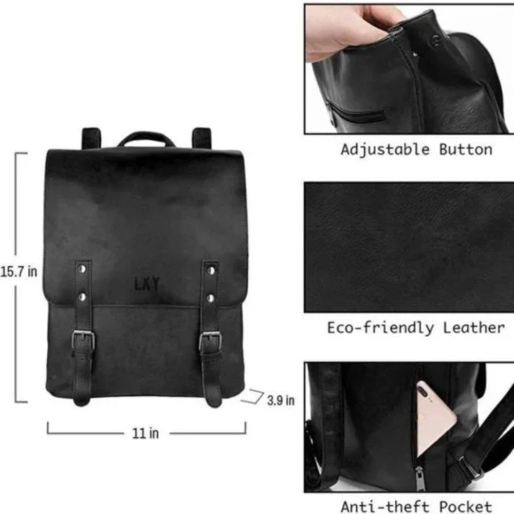 New Vegan Leather Backpack Vintage, Black - Picture 5 of 7